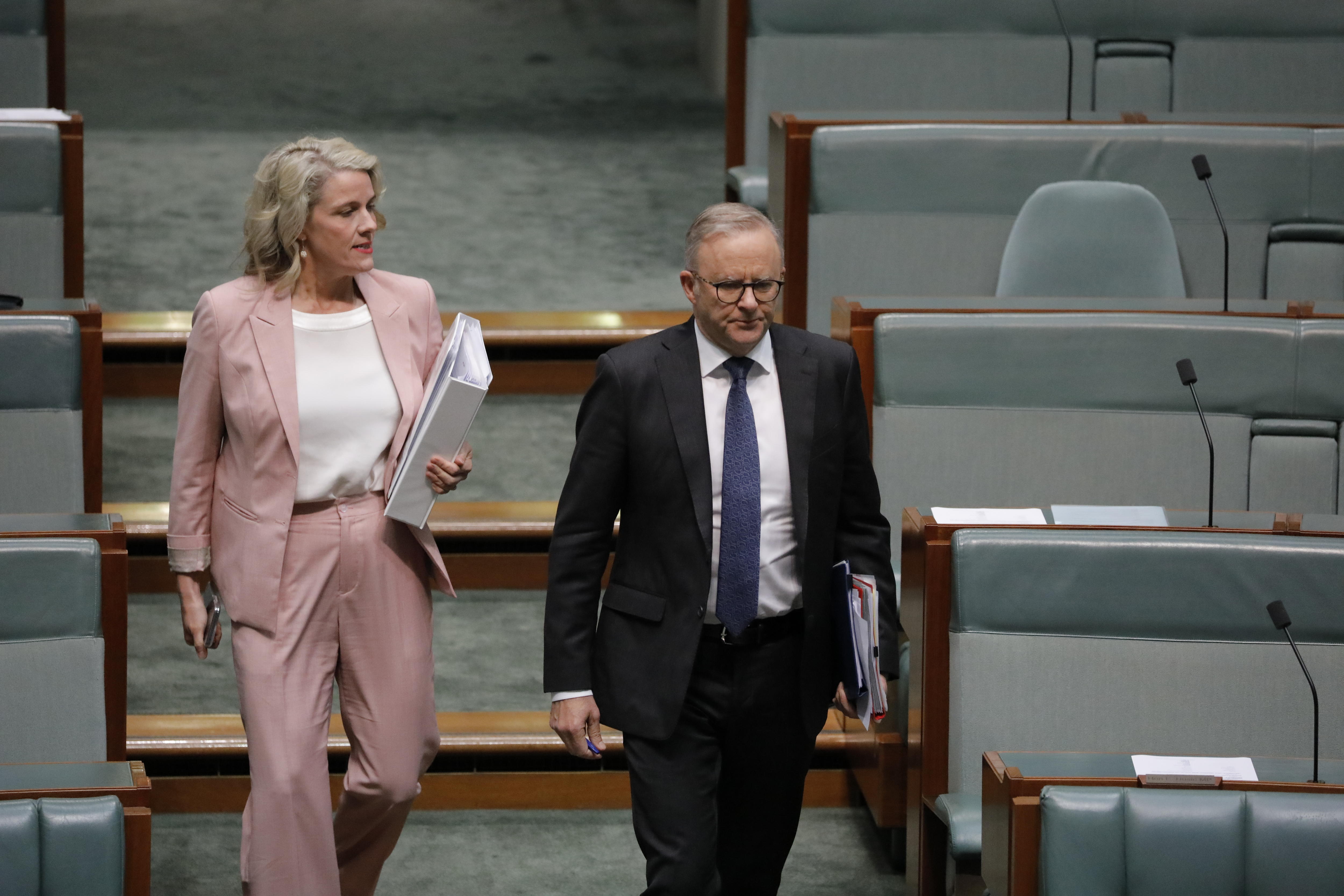O'Neil and Albanese walk through the lower house chamber, looking serious.
