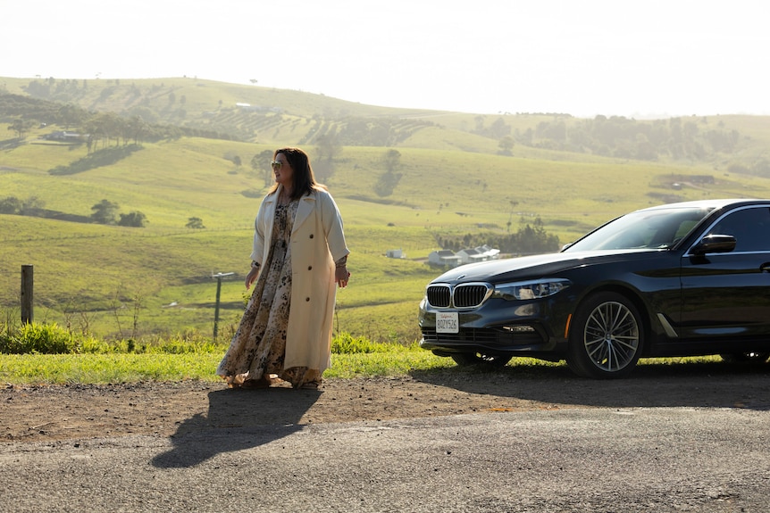 A woman standing on the road near a car.