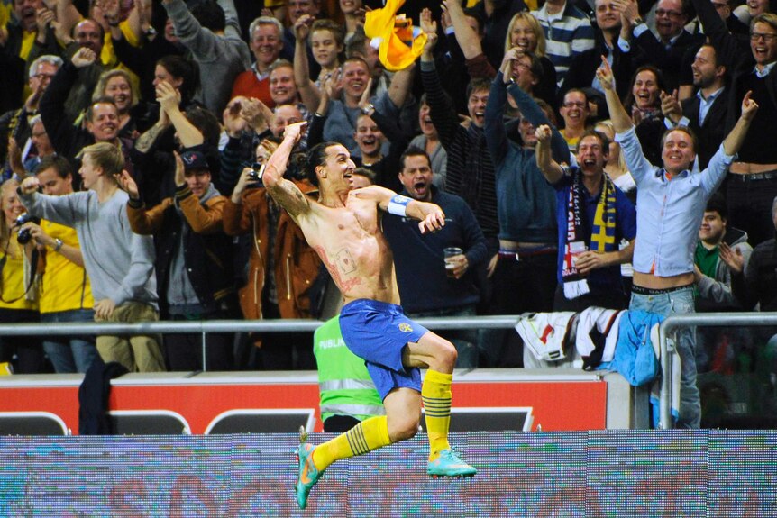 Swedish captain Zlatan Ibrahimovic celebrates his fourth goal against England in 2012.