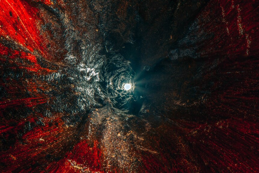 A photo showing the inside of a didgeridoo evoking an impression of the galaxy leading to a white light at the end of a tunnel