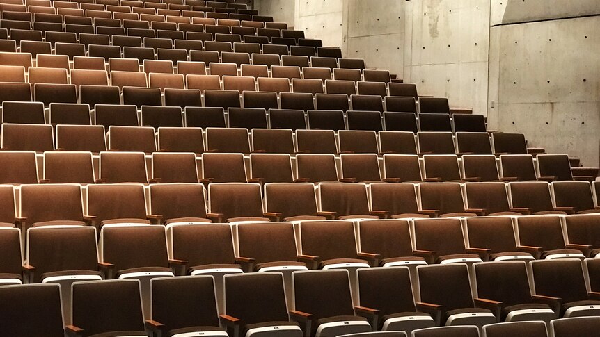 Rows of empty brown chairs in a lecture theatre with brutalist style concrete walls