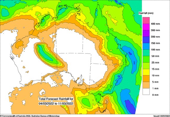 Map showing falls of 25mm to 150mm expected along the east coast in the next eight days