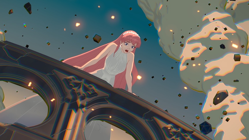 A still from an animated movie showing a scared pink-haired girl leaning over the side of a bridge that is falling down