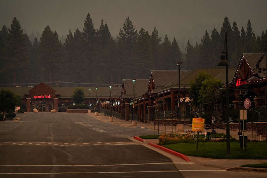 An empty street in a small town, lined with log cabin-style buildings, surrounded by trees. The photo is tinted dark brown