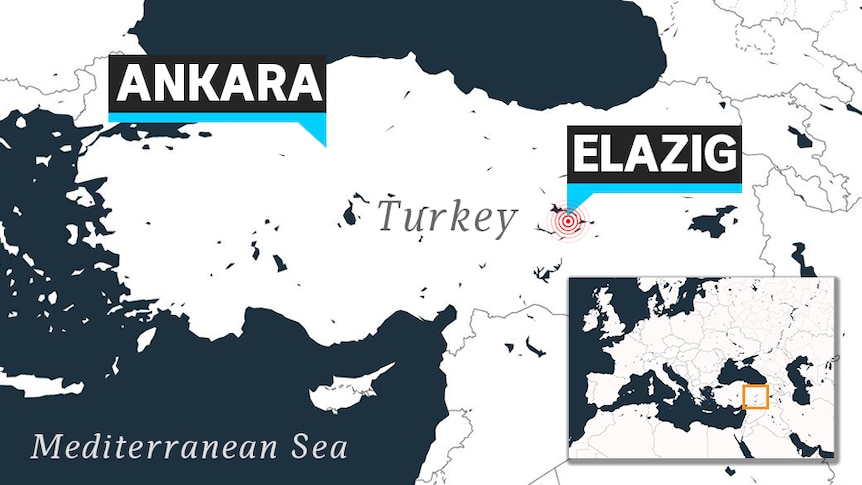 A map of Turkey is shown with the cities of Ankara and Elazig shown with a smaller inset map of Europe and North Africa.