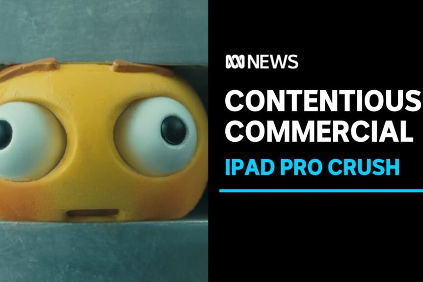 Contentious Commercial, iPad Pro Crush: A still from an advertisement of an emoji being crushed from the top and bottom.