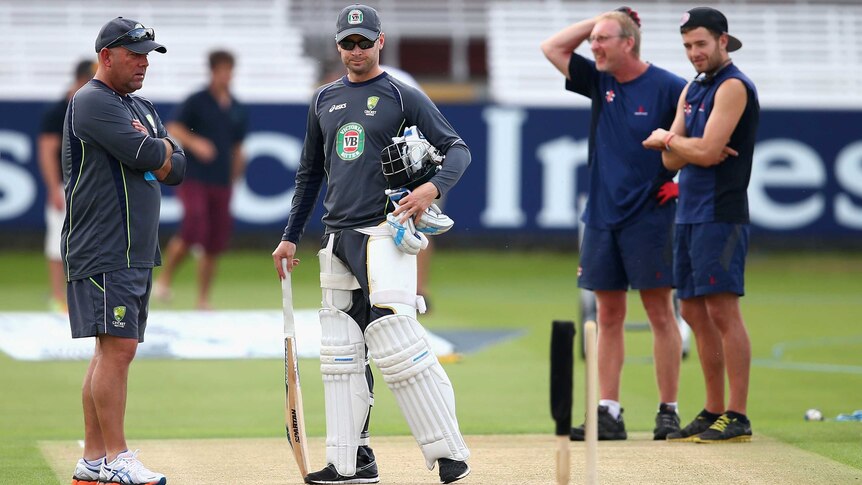 Australian coach Darren Lehmann and captain Michael Clarke inspect the pitch at Lord's.