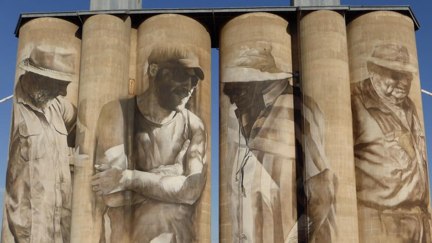 A mural is painted on the silo in Brim, Victoria
