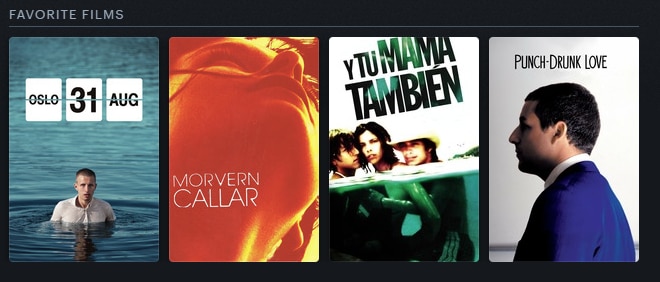 A screenshot of Ward's Letterboxd four favourites, featuring posters for films Oslo, 31 Aug, Morvern, Y Tu and Punch Drunk Love.