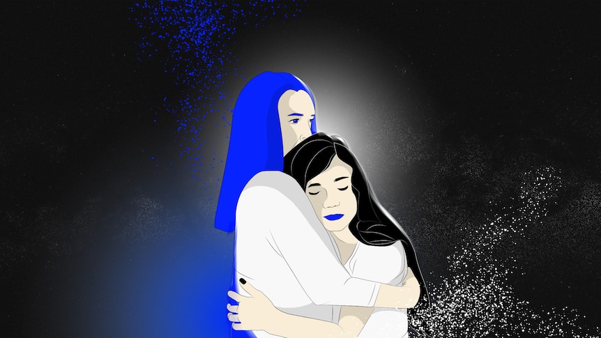 Illustration of mother and daughter hugging