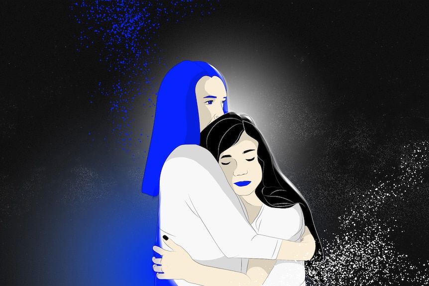 Illustration of mother and daughter hugging