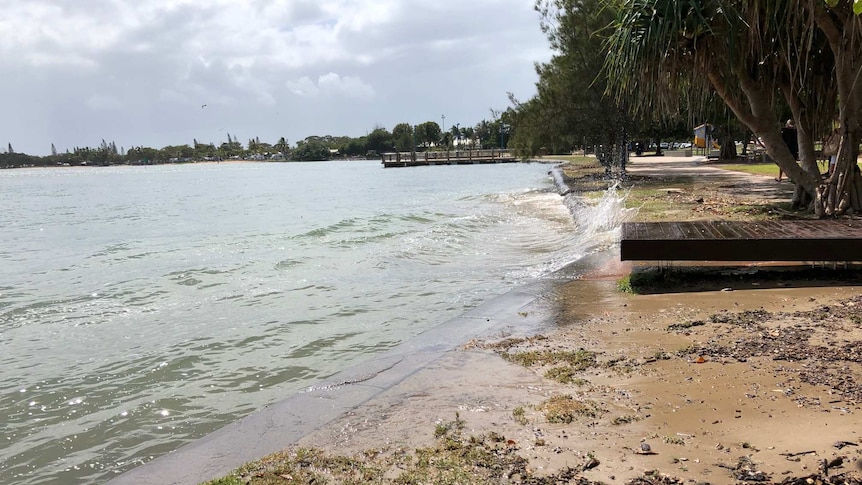 Ocean water laps over the retaining wall and into the park at Cotton Tree at Maroochydore.