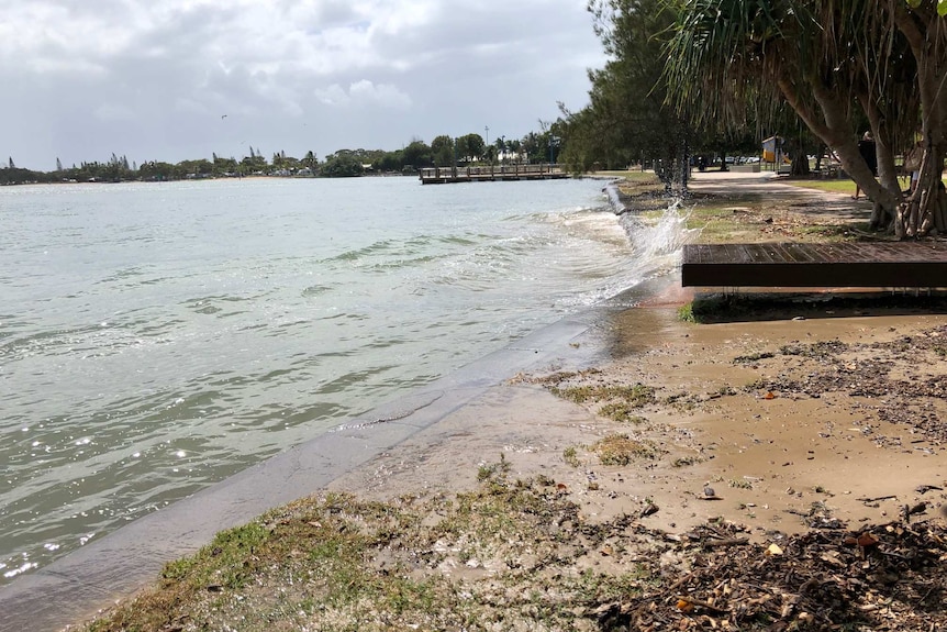 Ocean water laps over the retaining wall and into the park at Cotton Tree at Maroochydore.