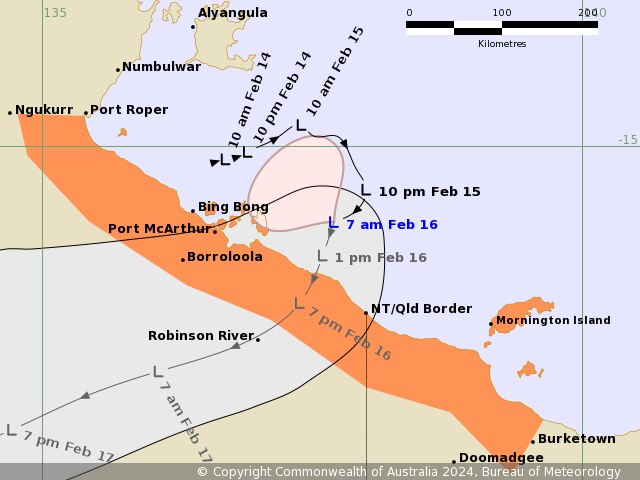 A cyclone track map showing a tropical low approaching the NT coast. 