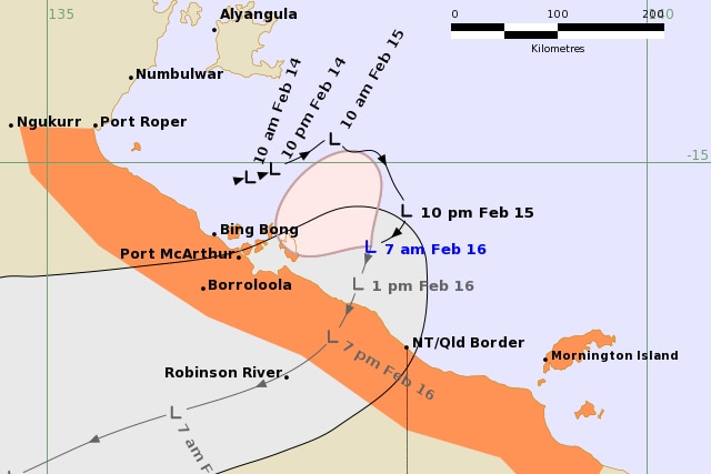 A cyclone track map showing a tropical low approaching the NT coast. 