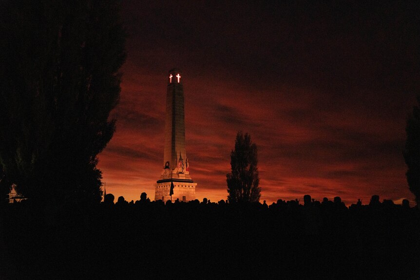 The sunrise behind Hobart's cenotaph.
