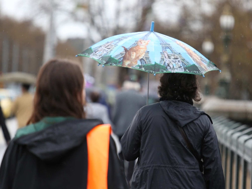 People with umbrellas on a rainy Melbourne day.