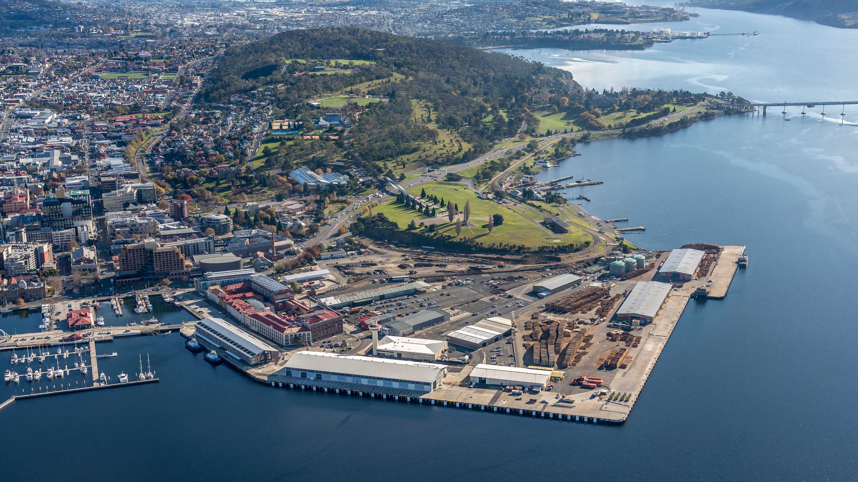 Aerial view of the port of Hobart and surrounds.