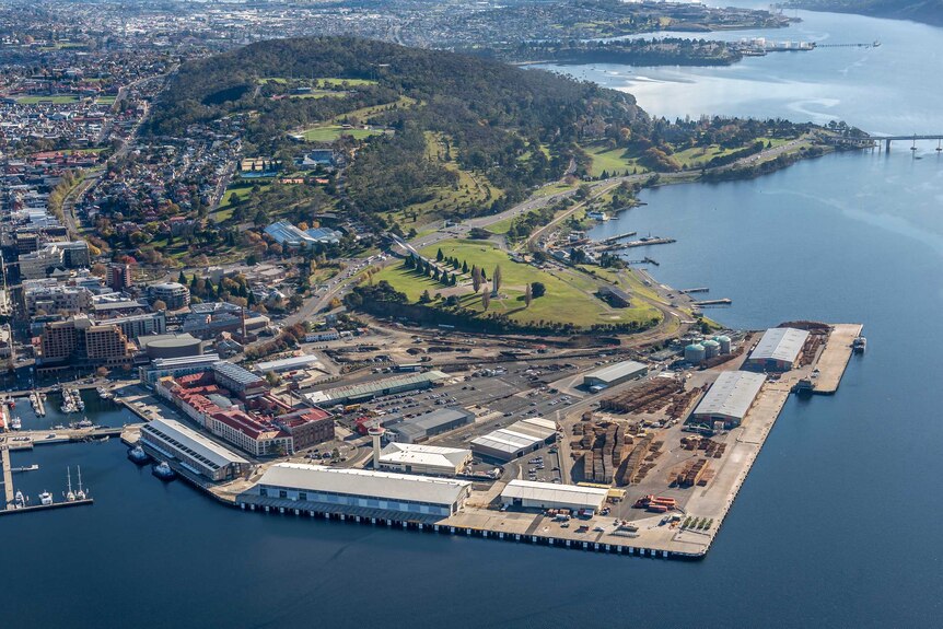Aerial view of the port of Hobart and surrounds.