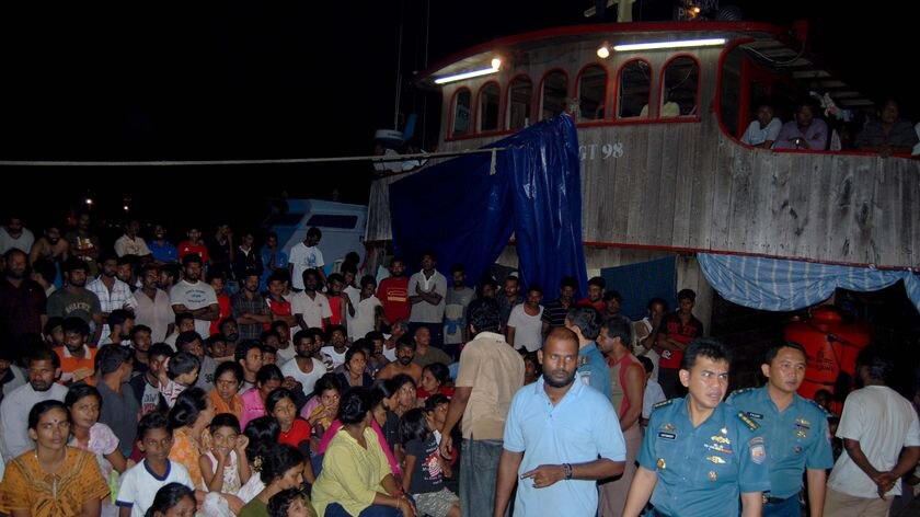 The Sri Lankan asylum seekers remain on their boat at Merak in West Java.