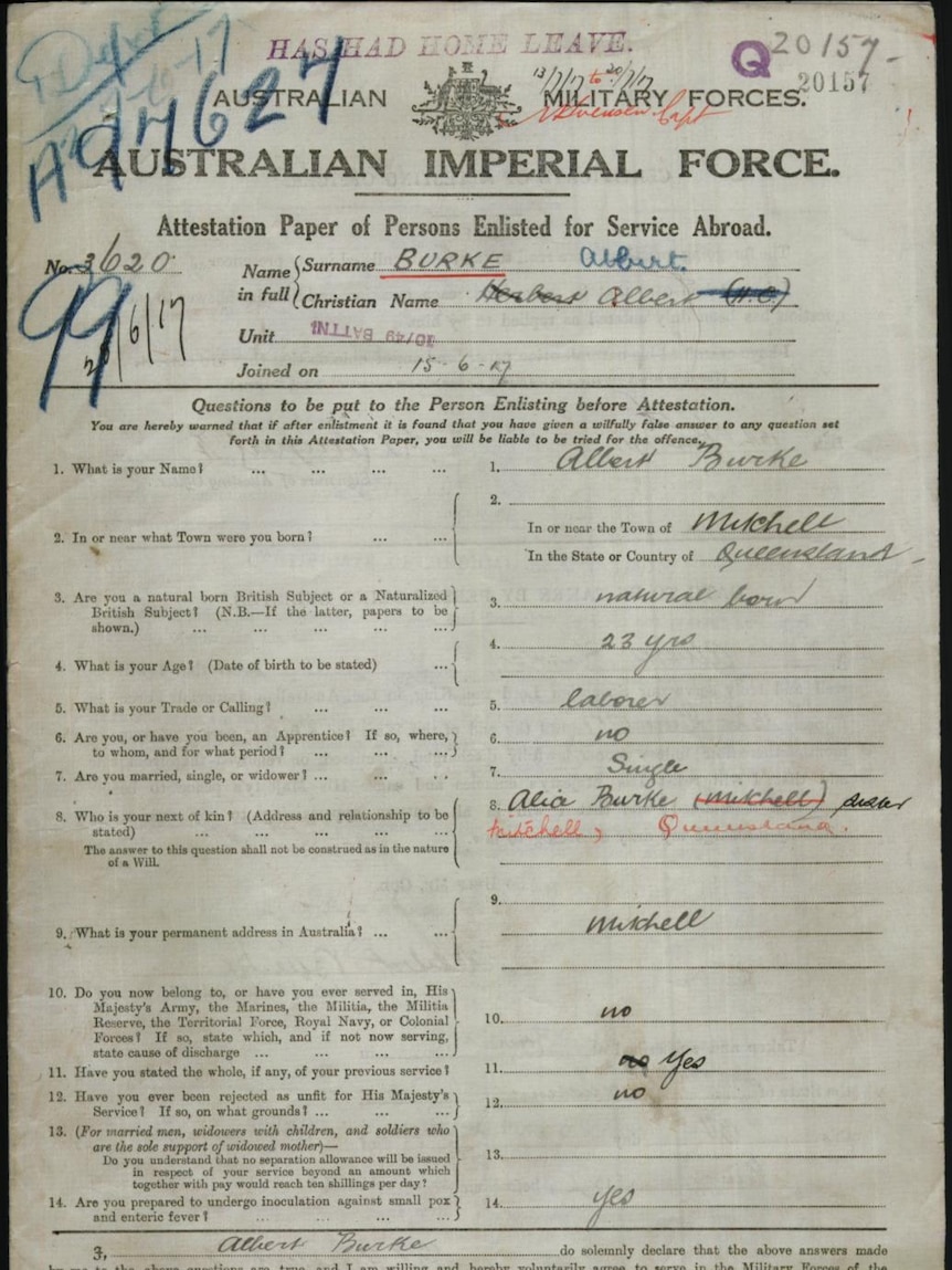 An enlistment form from WWI