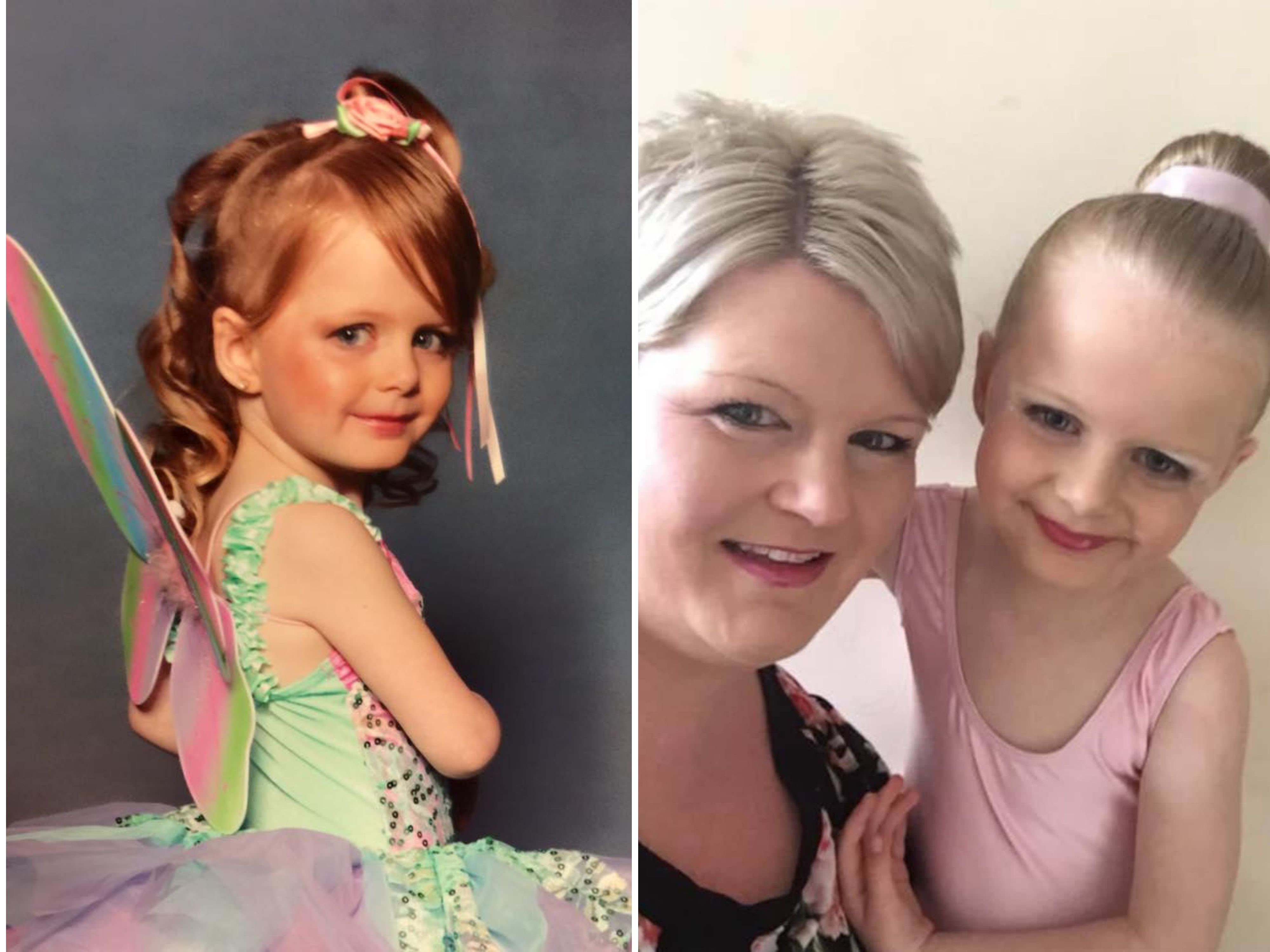 Una imagen compuesta que muestra a una niña y su madre vestidas de baile.