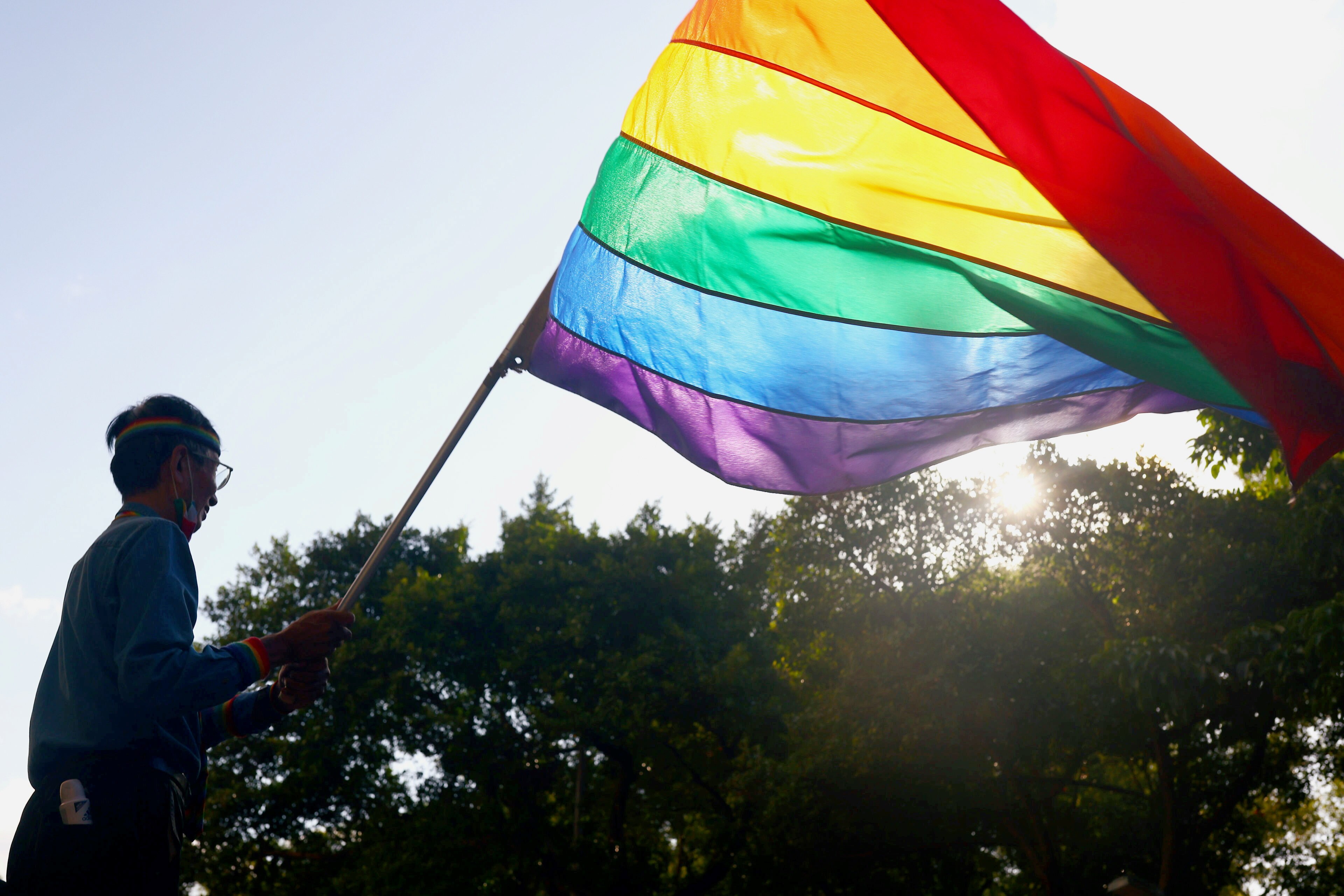 A person silhouetted against the sky waves a pride flag