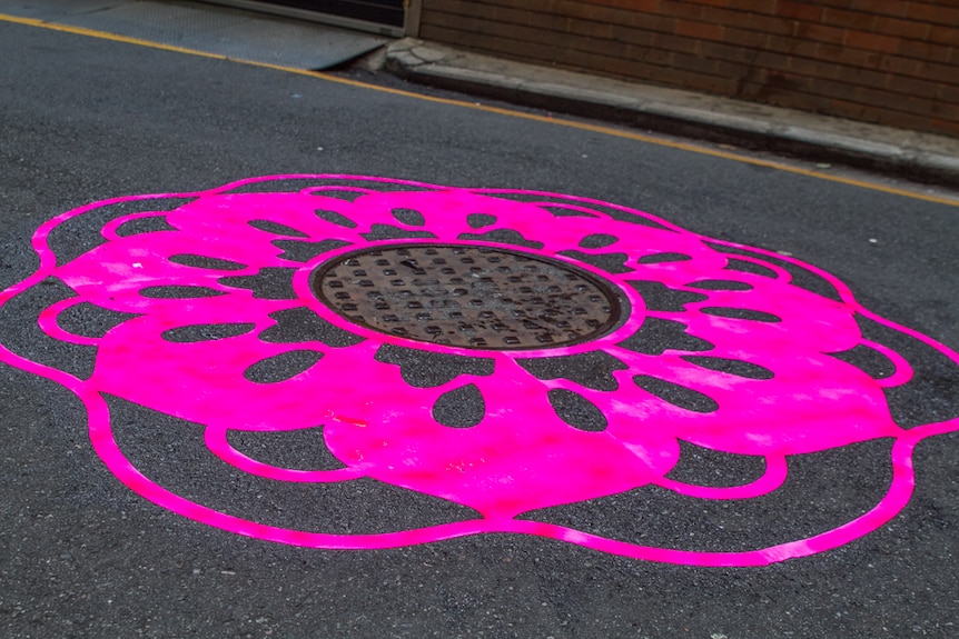 Lotus flowers and aquatic plant stencils have been painted and pasted onto the laneway around manhole covers.