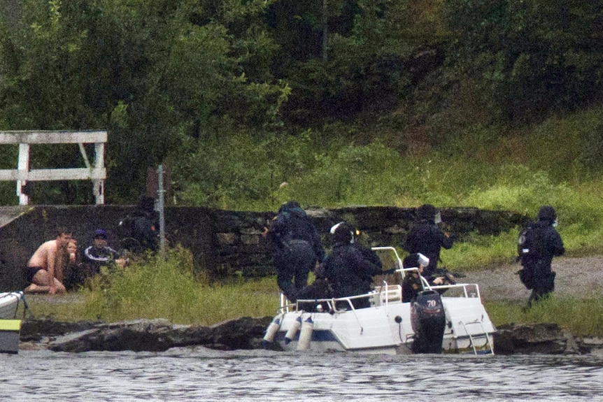 A SWAT team take aim as they arrive on the island of Utoya.