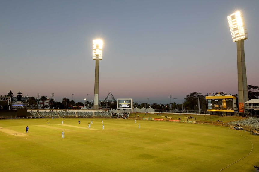 A wide shot of play at night during the domestic one-day cup match between Western Australia and NSW at the WACA Ground.
