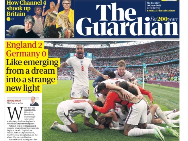 Image of the front page of an English newspaper with headline 'Like emerging from a dream into a strange new light'. 