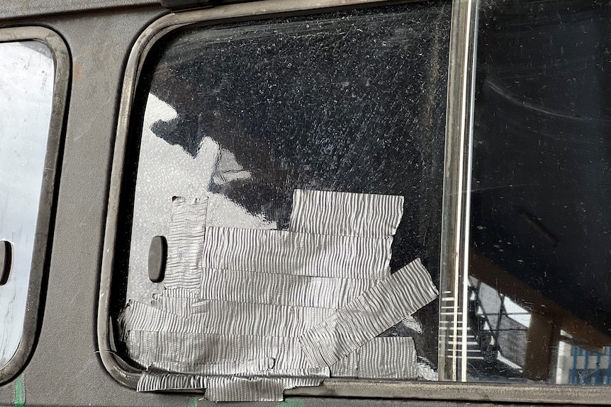 Broken window on landcruiser vehicle