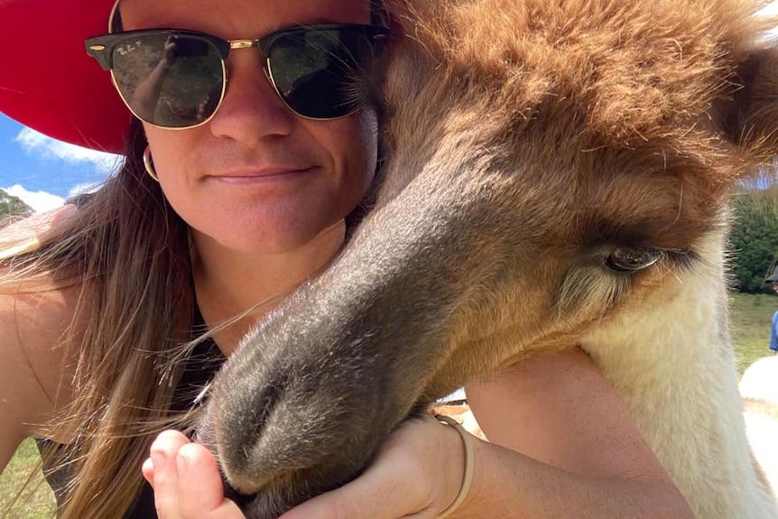 A woman with long hair, Ray Ban sunglasses and broad hat hand feeds a camel, with hand and camel snout close-up to camera.