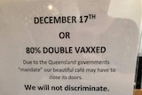 Picture of a sign that reads: "Due to the Queensland Government's "Mandate" our beautiful cafe may have to close" 