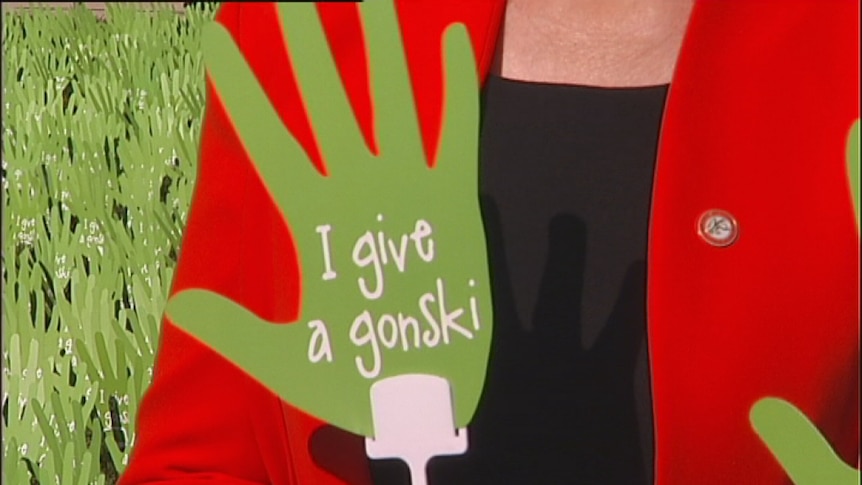 Video still: Close up of the 'Give a Gonski' green hands placed outside Parliament House 2012.