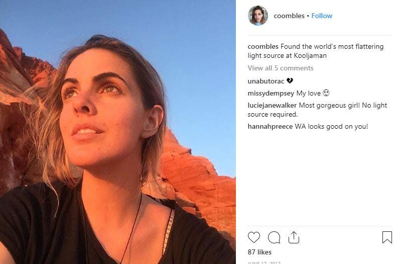 Screenshot of Stephanie Coombes' Instagram post in Western Australia, where she's looking slightly off-camera.