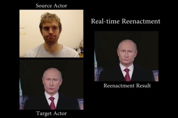 A video still showing a researcher and two versions of Vladimir Putin.