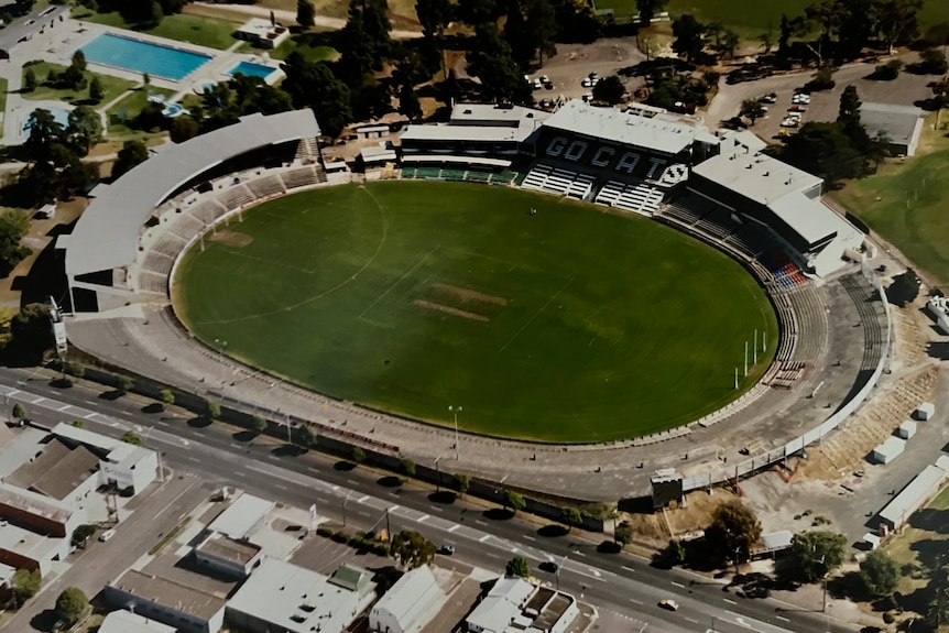 An aerial colour photo of a large sports stadium