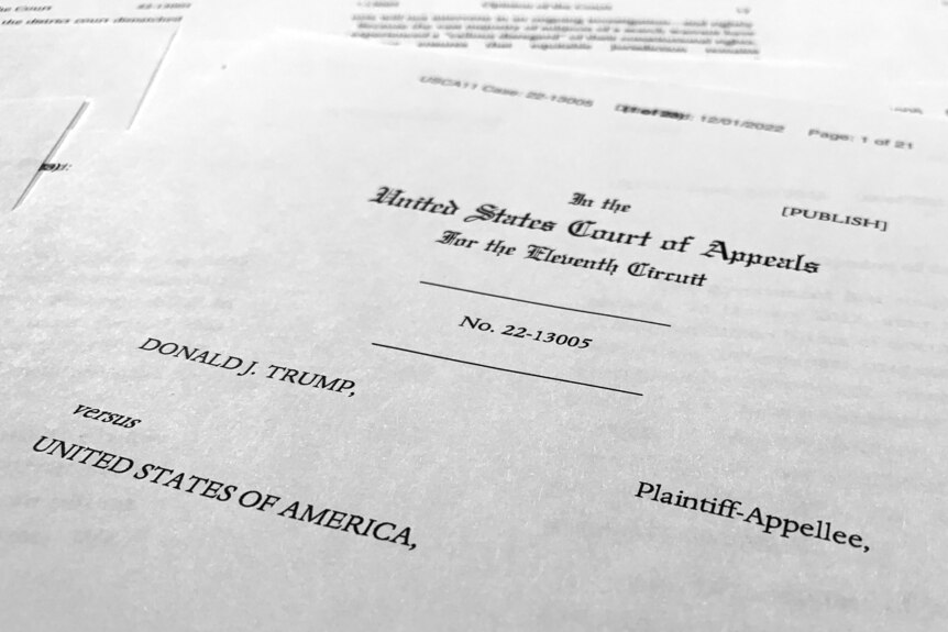 A close-up photo of a court document for Donald J. Trump vs United States of America