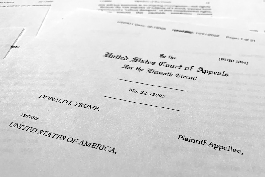 A close-up photo of a court document for Donald J. Trump vs United States of America