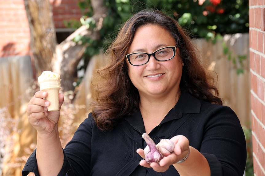 Tasmanian woman holds garlic ice cream