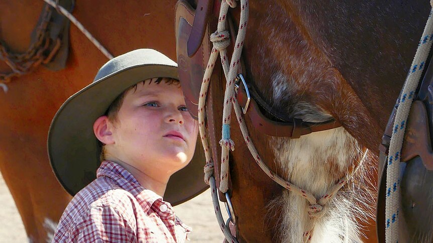 A boy wearing a cowboy hat stands in front of his horse and looks into its eyes.