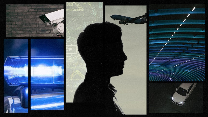 A silhouette of a man in profile. Behind him is a composite of images including a plane, a CCTV camera, police lights and a car.