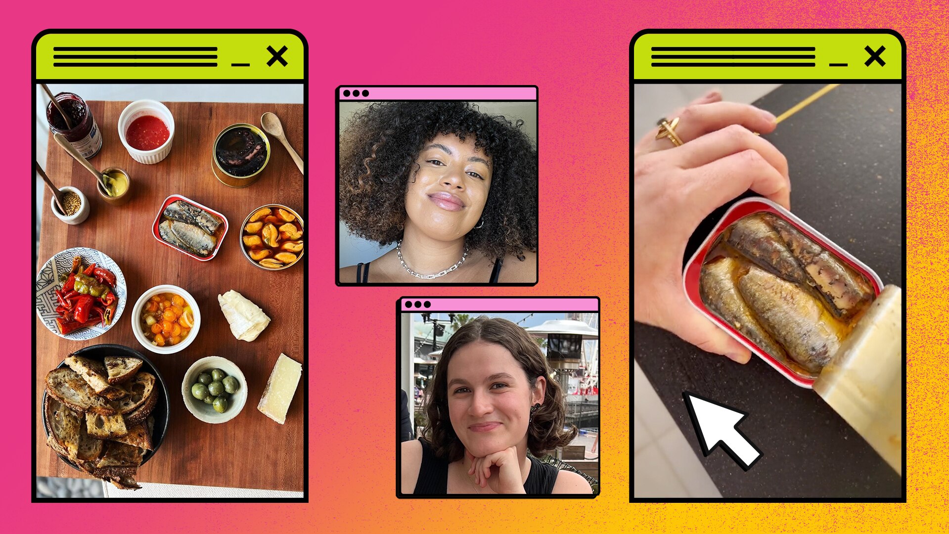 Two screenshots from TikToks featuring tinned fish spreads are cut out on the left and right, with Yasmin top and Rachel bottom.