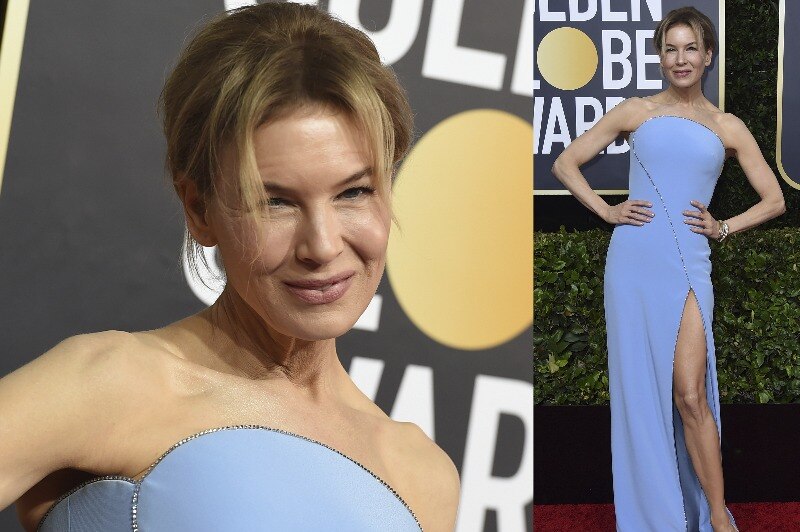 A composite image of Renee Zellweger wearing a floor-length lilac gown with a rhinestone trim.