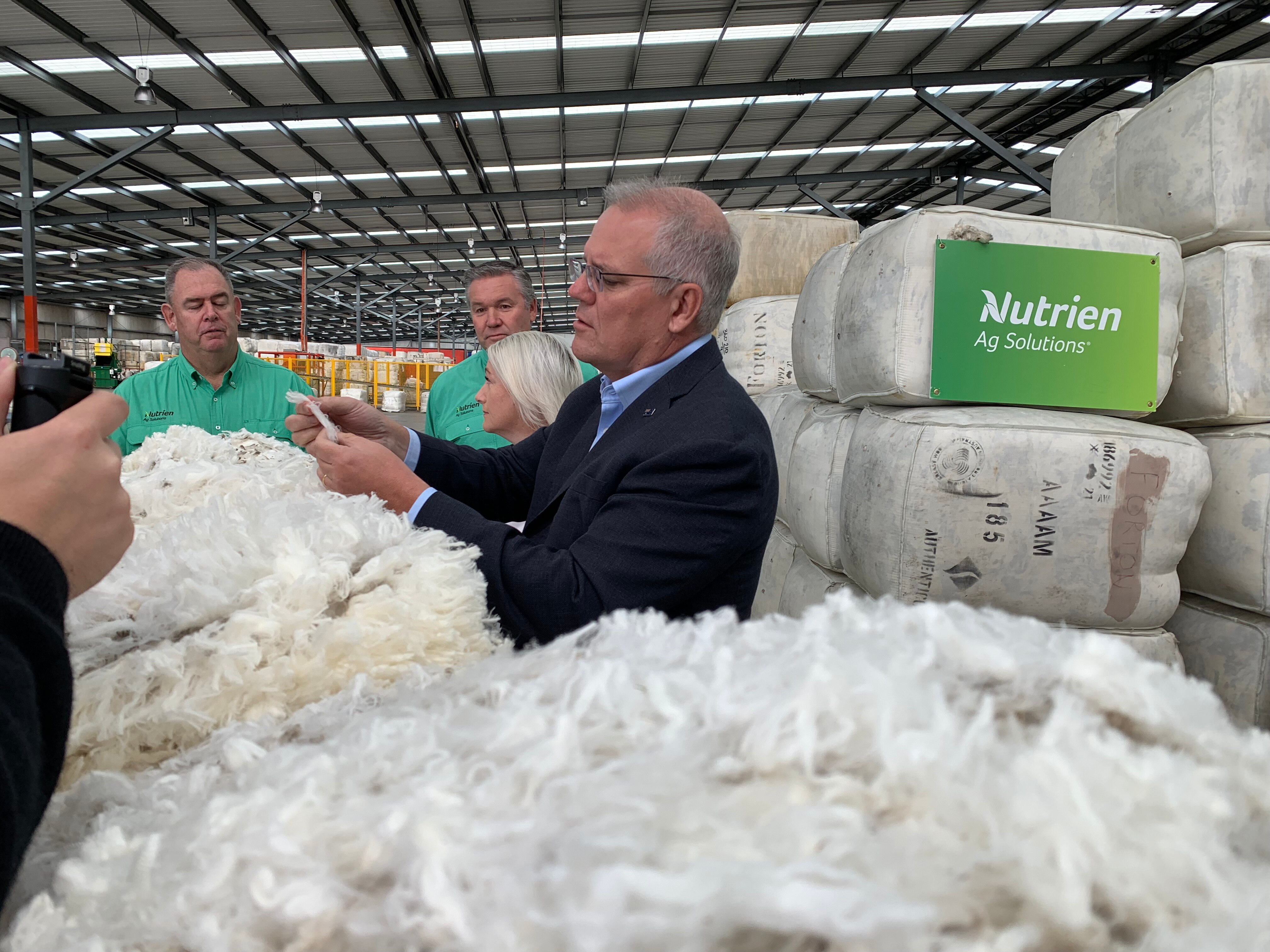 Morrison, wearing a suit, looks down upon a table full of wool, holding a piece afar to inspect it.
