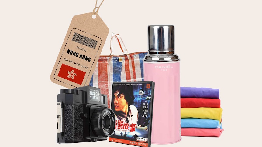 A graphic showing a selection of 'Made in Hong Kong' goods, including a DVD, Holga camera and Camel flask.