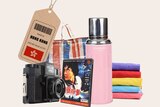 A graphic showing a selection of 'Made in Hong Kong' goods, including a DVD, Holga camera and Camel flask.