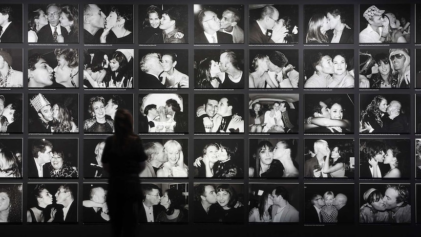 A series of photos of celebrities kissing