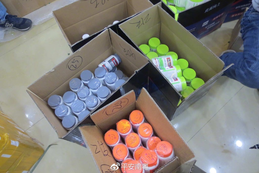 Boxes filled with supplements.